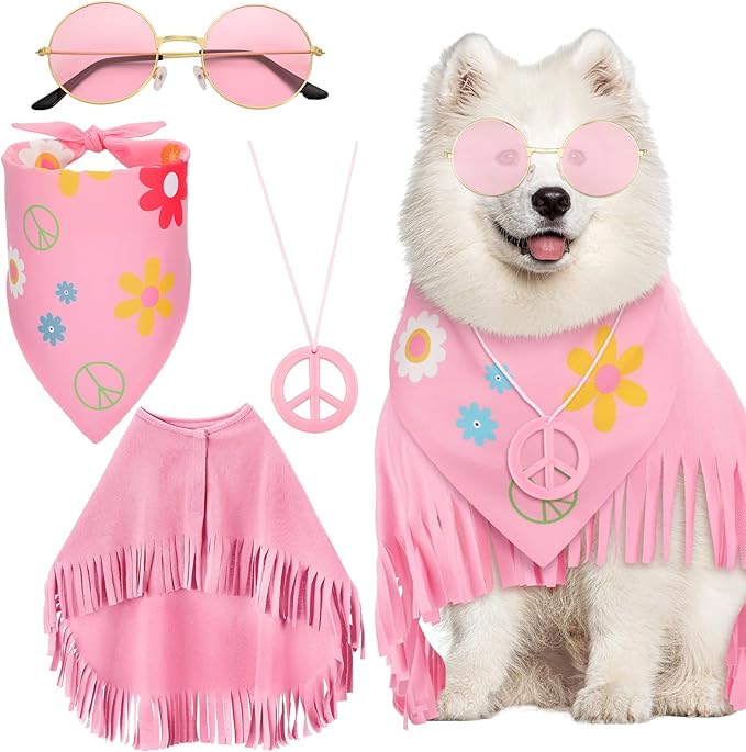 4 Pcs Hippie Dog Costume Pet Dog Hippie Costume Set Includes Sunglasses Scarf Cloak Necklace(Pink Style,Large)