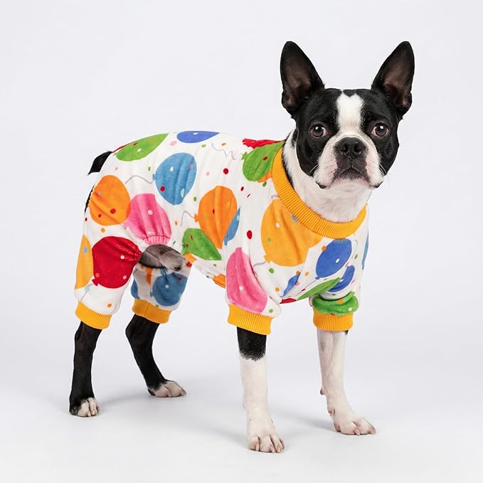 Fitwarm Balloon Dog Fleece Pajamas, Birthday Outfit for Small Dogs Boy Girl, Cozy Pet Onesie with Feet, White, Yellow, Red, Blue, Green, XXL