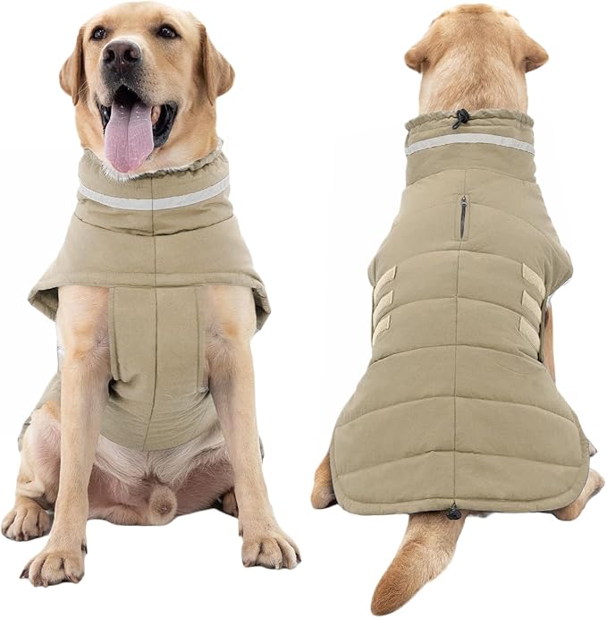 Mklhgty Waterproof Dog Coat for Large Dogs, Warm Dog Winter Jacket, Reflective Windproof Turtleneck Coats with Adjustable Hook & Loop - Khaki - XL