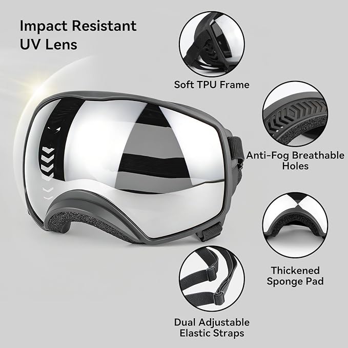 PETLESO Dog Goggles Large Breed, UV Protection Pet Sunglasses Wide Version Windproof Eye Wear for Medium to Large Dogs, Outdoor Driving/Riding/Hiking Use, Silver Mirror Lens
