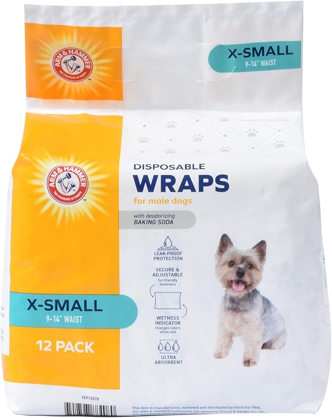 Arm & Hammer X-Small Male Dog Wraps, Disposable Belly Band Diapers with Baking Soda Odor Control, Super Absorbent Leak Resistant Design for Marking and Incontinence, 9-14 Inch Waist, 12 Count - 6 Pack
