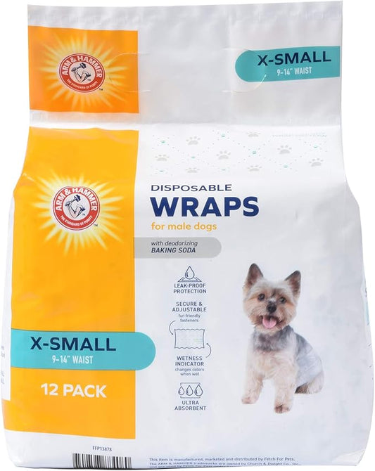 Arm & Hammer X-Small Male Dog Wraps, Disposable Belly Band Diapers with Baking Soda Odor Control, Super Absorbent Leak Resistant Design for Marking and Incontinence, 9-14 Inch Waist, 12 Count - 6 Pack