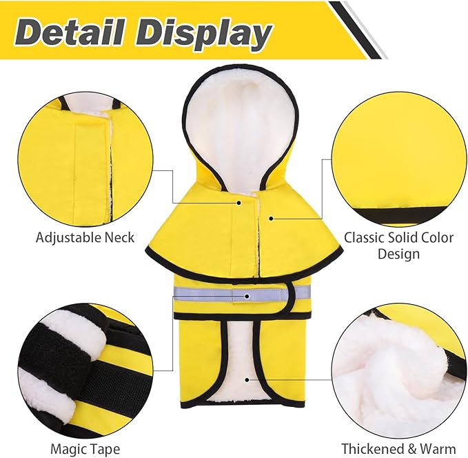 KOOLTAIL Winter Dog Raincoat Hooded Slicker Poncho with Leash Hole, Thick Fleece Rain Coats for Small Medium Dogs Puppy, Windproof Plush Warm Pet Rain Jacket with Reflective Adjustable Strip, Yellow S