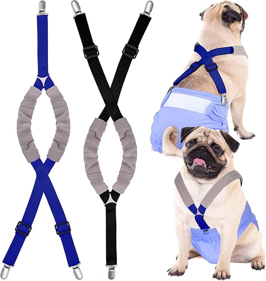 Saintrygo 2 Pcs Dog Suspenders for Diapers Female Male Belly Bands Canine Harness Keep Diaper on Your Pet for Small Medium and Large Dogs(Black, Blue,Small)