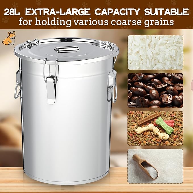 Lounsweer 2 Pack 7 Gal Stainless Steel Dog Food Storage Container with Lid and Locking Clamp 28 L Metal Airtight Container Large Stainless Steel Bucket with Food Scoop for Pet Feed