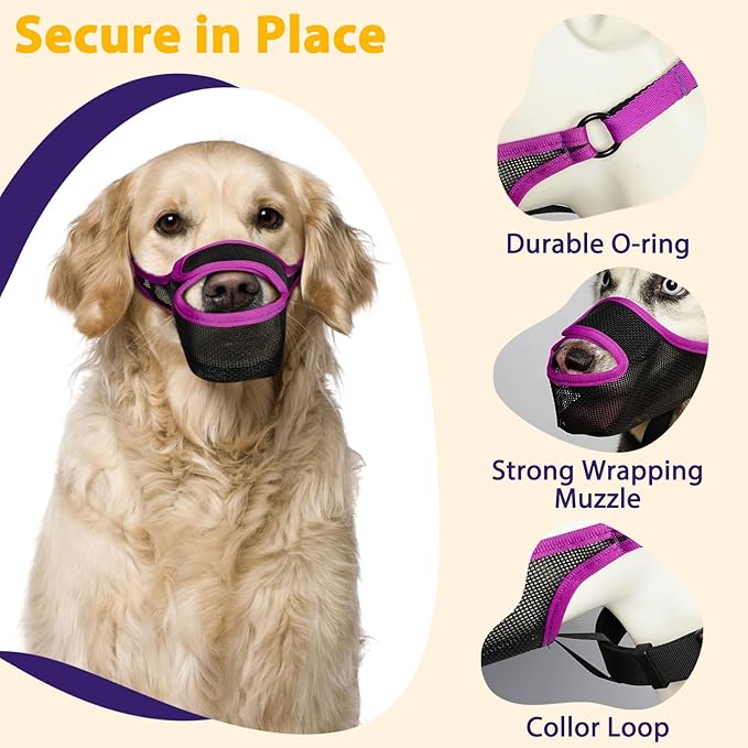 LUCKYPAW Dog Muzzle, Patented Mesh Muzzle for Large Medium Small Dogs Allows Full Pant Drinking Mouth Cover to Prevent Biting Chewing Scavenging Adjustable Breathable Mouth Guard(Purple,S)