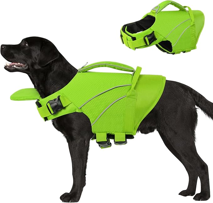 Queenmore Dog Life Jackets for Large Dogs, Reflective Dog Swimming Vest with Enhanced Buoyancy, High Visibility Life Preserver with Front Neck Float, Ripstop Pet Lifesaver (Green,2XL)