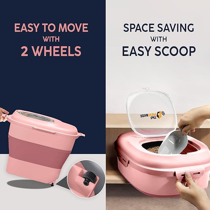 Dog Food Storage Container 30-35 lb, Airtight Collapsible Cute Dog Food Container with Wheels & Scoop, Stackable Pet Food Storage Container for Dog & Cat Food (Pink)