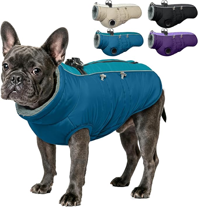 IDOMIK Warm Dog Coat with Harness, Waterproof Reflective Dog Jackets for Small Medium Large Dogs, Fleece High Collar Winter Jacket with Zipper, Pet Winter Snowsuit Clothes for Cold Weather,Blue M