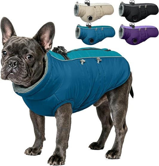 IDOMIK Warm Dog Coat with Harness, Waterproof Reflective Dog Jackets for Small Medium Large Dogs, Fleece High Collar Winter Jacket with Zipper, Pet Winter Snowsuit Clothes for Cold Weather,Blue M