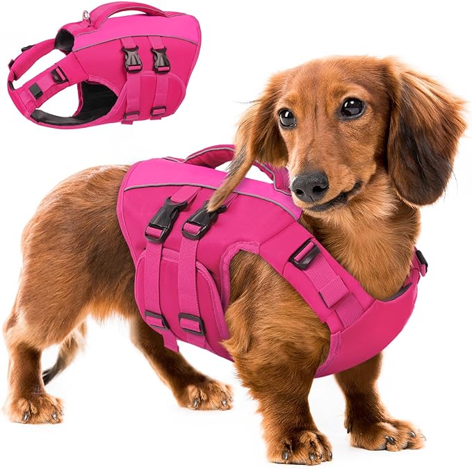 Queenmore Dog Life Jacket Medium,Dog Flotation Vest for Medium Dogs,Ripstop Dog Lifesaver with Rescue Handle,Dog Swimming Vest(Rosered,M)