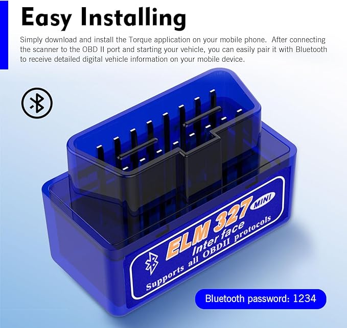 1 PC Car OBDII Diagnostic Tool, ELM327 Bluetooth Code Reader & Scanner for Real-time Data, Works with Android iOS, Universal for Most Cars & Trucks (Blue)