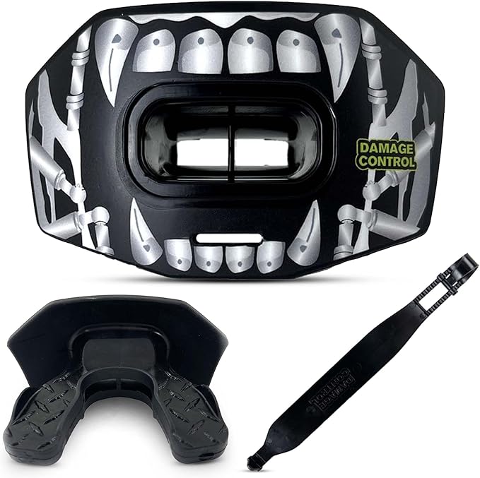DAMAGE CONTROL Youth Football Mouth Guard – Breathable No Boil Mouthpiece, Protects Lips & Teeth, Works with Braces, Includes Helmet Strap – Sports Gear & Accessories (Terror Bite)