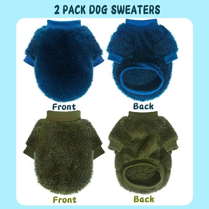 2 Pieces Dog Sweaters for Boy Fall Winter Warm Puppy Clothes Fleece Chihuahua Sweater Cute Clothes for Male Cat, Blue, Dark Green, Small