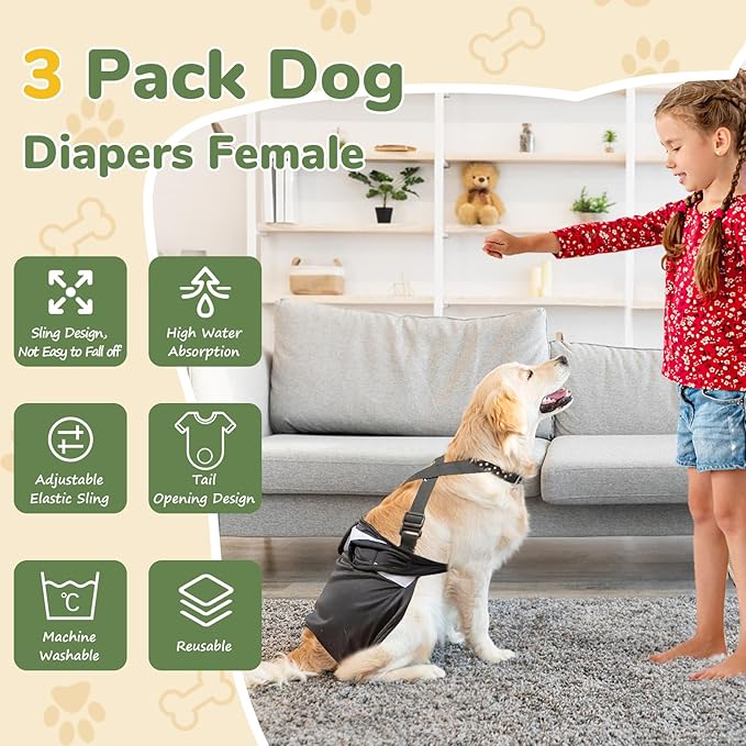 Female Dog Diaper with Suspender for Large Dogs,3 PCS Adjustable Suspender Dog Sanitary Panties, Highly Absorbent Reusable Washable for Small Medium Girl Dogs in Heat (XL)