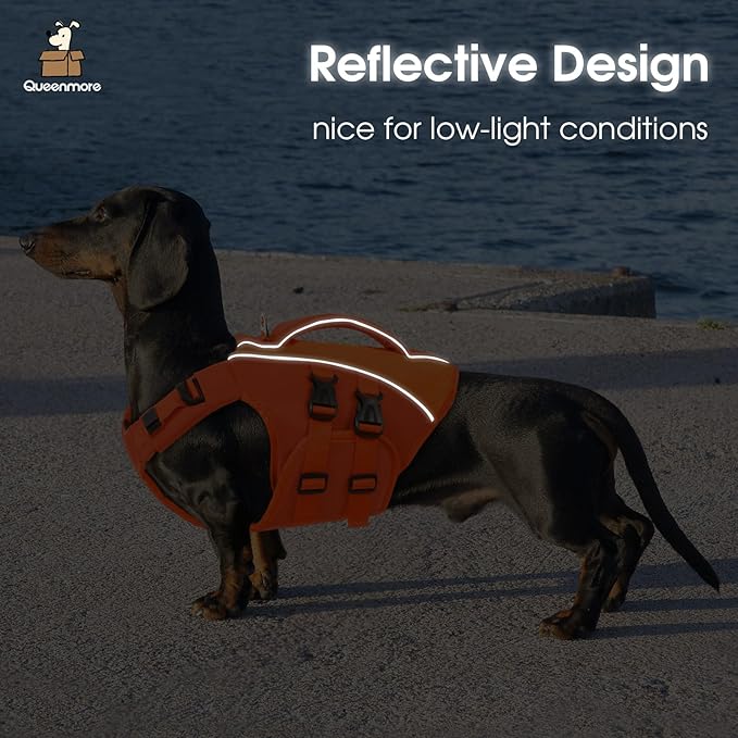 Queenmore XS Dog Life Jacket,Reflective Small Dog Life Vest for Swimming Boating，Adjustable Pet Life Vest for Extra Small Dogs with High Buoyancy,Safety Dog Swimming Vest with Handle(Orange,XS)