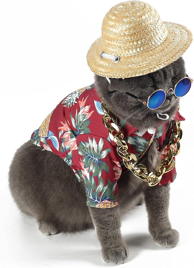 Hawaiian Dog T Shirts Pet Summer Clothes Cat Sunglasses Funny Straw Hat Kitten Costumes with Gold Chain Collar (Medium,Red)