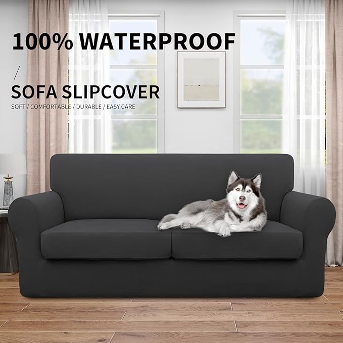 Easy-Going 100% Dual Waterproof 3 Pieces Oversized Loveseat Cover Stretch Soft Couch Cover for Dogs, Sofa Slipcover for 2 Separate Cushion Couch Leakproof Furniture Protector for Kids, Pets Dark Gray