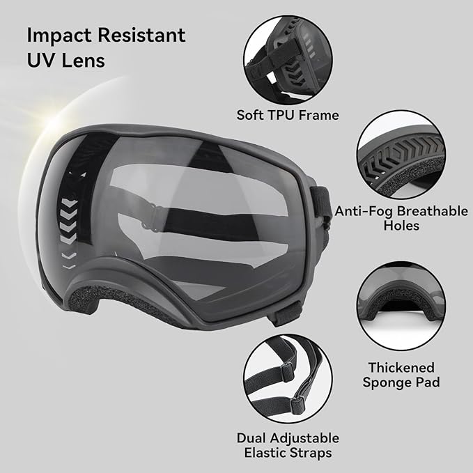 PETLESO Dog Goggles for Large Breed, Dog Sunglasses Medium Large Breed Wide View Pet Eye Protection with Adjustable Straps for Driving Riding Hiking, Black Lens