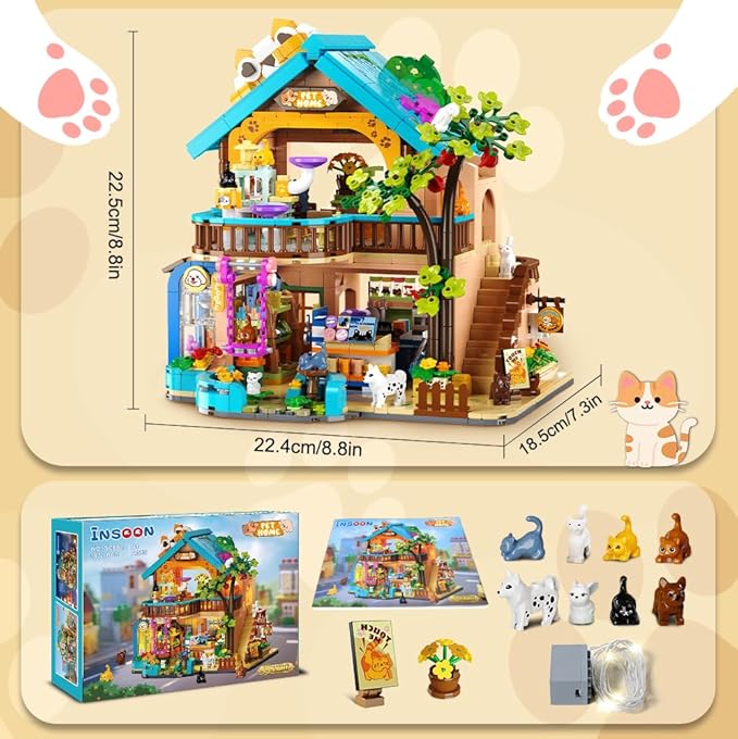 City Pet Shop Building Set with Lights, Cozy Pet Store Construction Toy with Cats Dogs, Cute Animal Store Miniature House Model Building Block Kit for Adults Kids Boys Girls Ages 8-12+