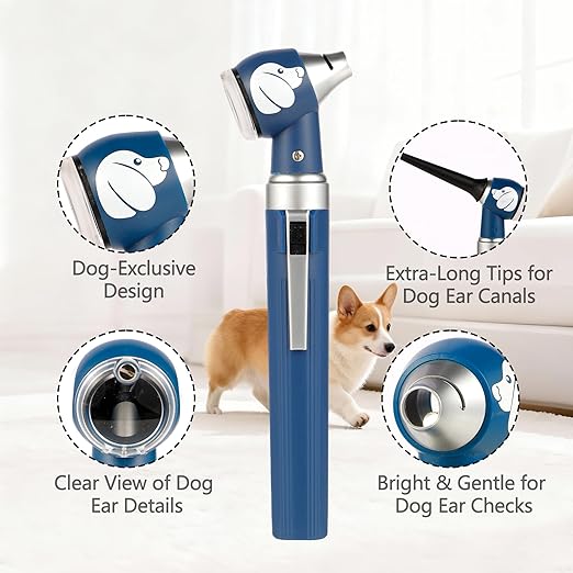 Pocket Veterinary LED Otoscope - Pet Ear Scope with Light for Dogs & Cats, 6 Disposable Tips (4/6/9mm), Portable Ear Infection Detector (Blue)