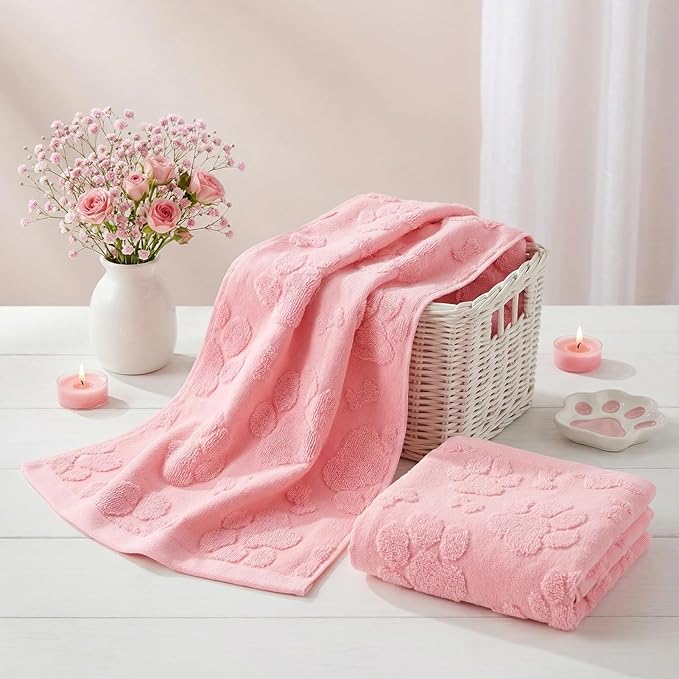 2pcs Pink Dog Paw Hand Towels for Bathroom Pink Cotton Jacquard Kitchen Bath Hand Towels Set Decorative Weave 3D Kitchen Dish Towel Cute Dog Soft Absorbent Bathroom Towel Home Decor Gift
