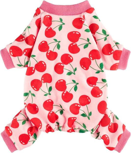 Fitwarm Cute Cherry Dog Pajamas, Warm Dog Onesie with Feet, Dog Clothes for Small Dogs Girl, Fleece Pet Outfit, Pink, Red, Small