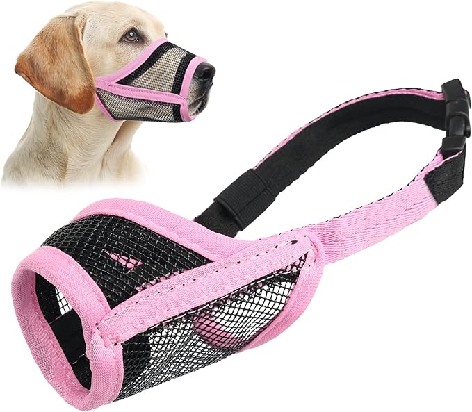 LUCKYPAW Dog Muzzle, Mesh Muzzle for Large Medium Dogs, Soft Mouth Cover to Prevent Biting Chewing, Drinkable Breathable Adjustable Puppy Mouth Guard(XXL, Pink)