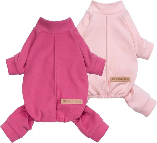 Fitwarm 2 Pack Lightweight Fleece Dog Pajamas, Warm Winter Clothes for Small Dogs Girl, Cozy Pet Onesie with Feet, Medium Violet Red, Light Pink, XS