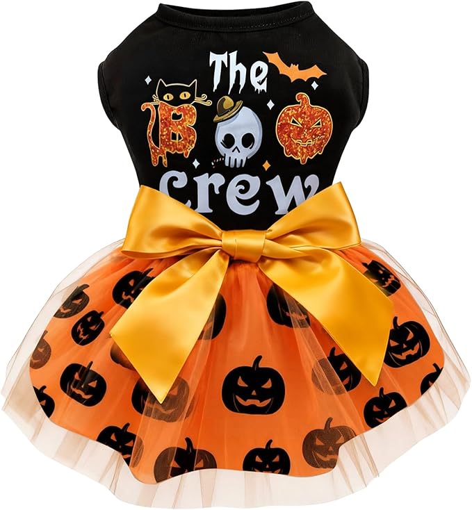 Idepet Dog Dress Halloween, Holiday Puppy Skirt Cute Boo Dog Costume Funny Pumpkin Print Pet Apparel Dog Clothes for Small Dogs Girls and Cats (Large)