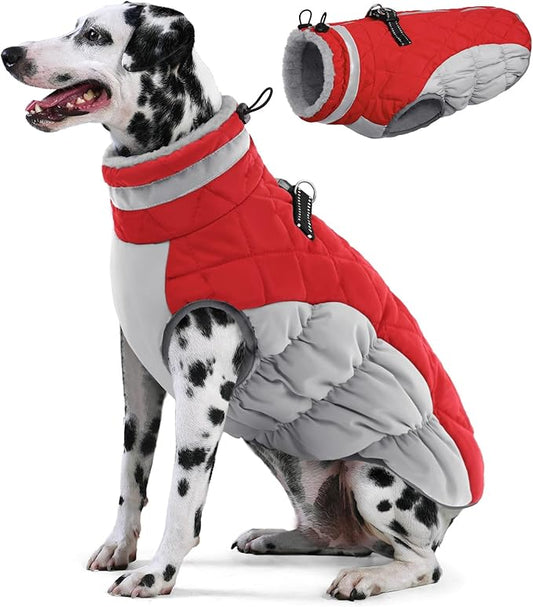 AOFITEE Dog Coat, Warm Dog Jackets for Large Dogs, Reflective Turtleneck Dogs Winter Coat with Harness Built in, Waterproof Windproof Pet Snow Jacket Fleece Vest for Cold Weather, Christmas Red XXL