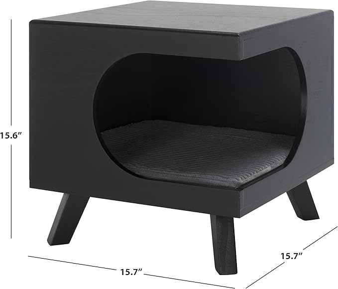 SAFAVIEH Home Collection Bean Mid-Century Matte Black Square Covered Cave Small Pet Cat Bed (Fully Assembled)