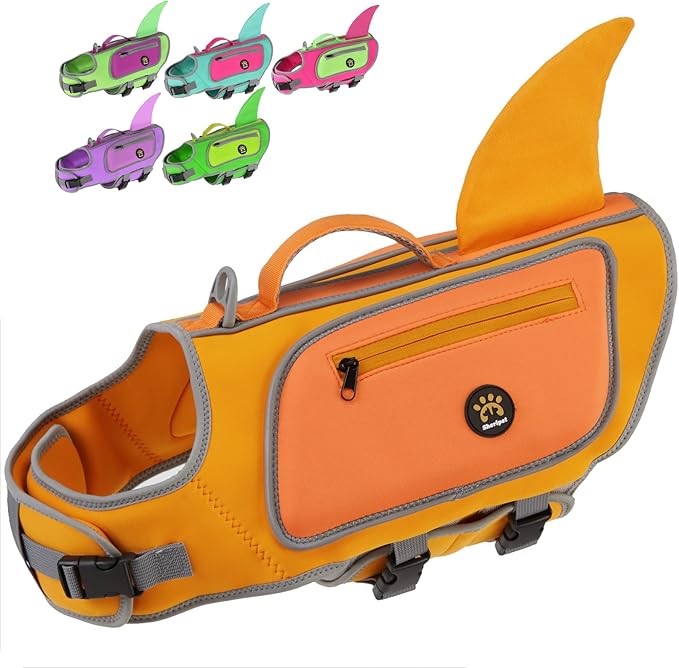 Dog Life Vests for Boating and Swimming, Dog Life Jacket with Shark Fin, Rescue Handle Pet Preserver for Medium Dogs, Neoprene Good Buoyancy Dogs Floating Safety Vest (Orange, Medium)