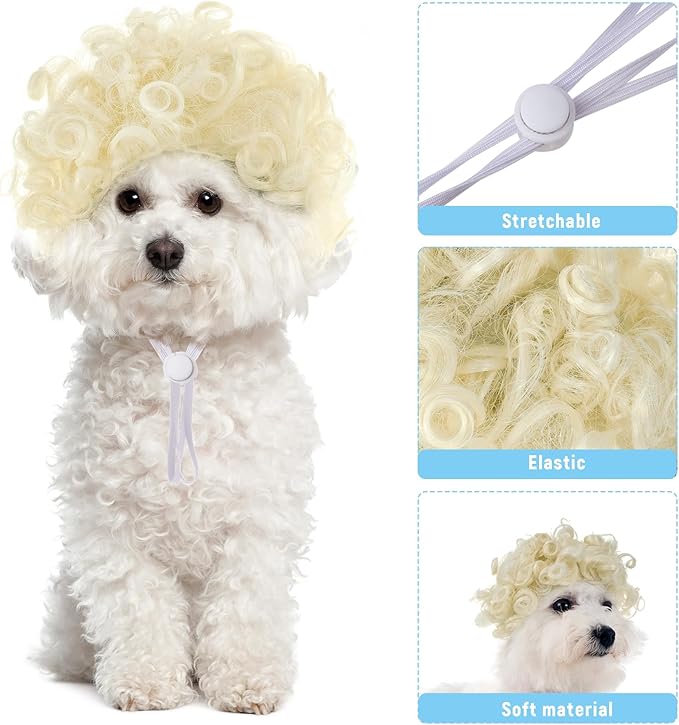 1 Pcs Funny Pets Wigs for Dog, Blonde Curly Dog Wig Adjustable Pet Wigs for Halloween Pet Costume Accessories for Christmas, Parties, Festivals Cosplay (Gold)