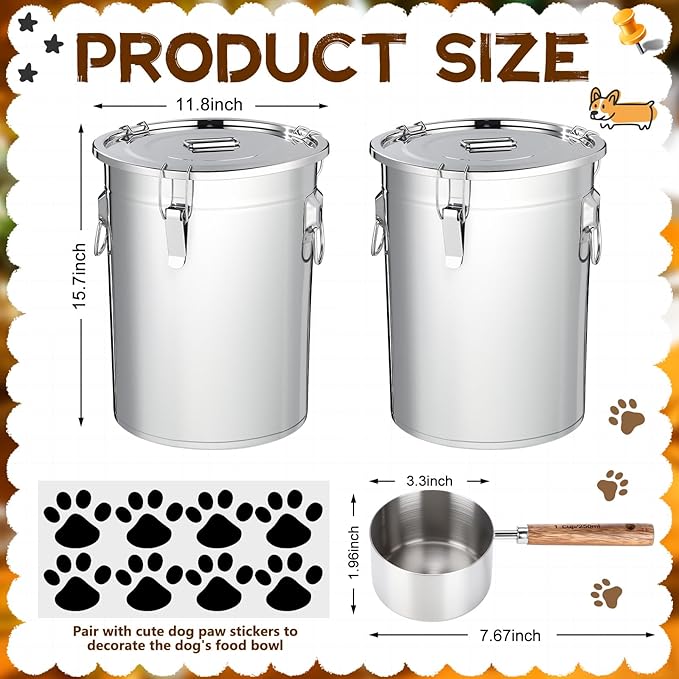 Lounsweer 2 Pack 7 Gal Stainless Steel Dog Food Storage Container with Lid and Locking Clamp 28 L Metal Airtight Container Large Stainless Steel Bucket with Food Scoop for Pet Feed