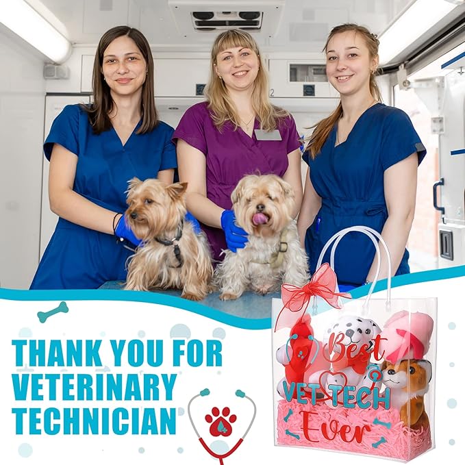 SilTriangle 24 Pcs Vet Tech Week Appreciation Bag with Handles Nurse Plastic Gift Bags Reusable Red Ribbon PVC Tote Bags Bulk for Vet Tech Coworkers Animal Lover