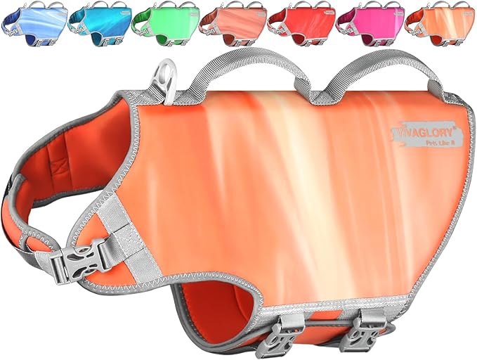 VIVAGLORY Neoprene Dog Life Vest, Dog Life Jacket for Swimming & Boating, Lightweight & Buoyancy for Puppy Doggy, Swimming Vest with Handle, XL, Orange Sunset