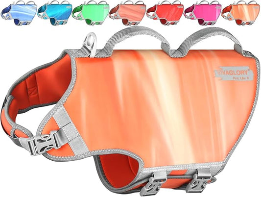 VIVAGLORY Neoprene Dog Life Vest, Dog Life Jacket for Swimming & Boating, Lightweight & Buoyancy for Puppy Doggy, Swimming Vest with Handle, XL, Orange Sunset