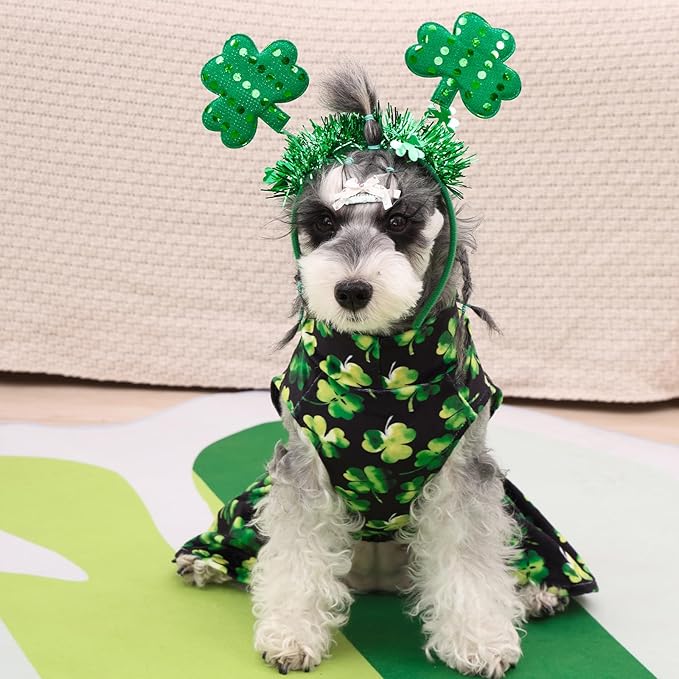 CuteBone Turtleneck Dog Velvet Dress St. Patrick's Day Four Leaf Clover Puppy Skirt Costume Pet Clothes Cat Apparel with Bow Hair Rope for Small Dogs CVD20L