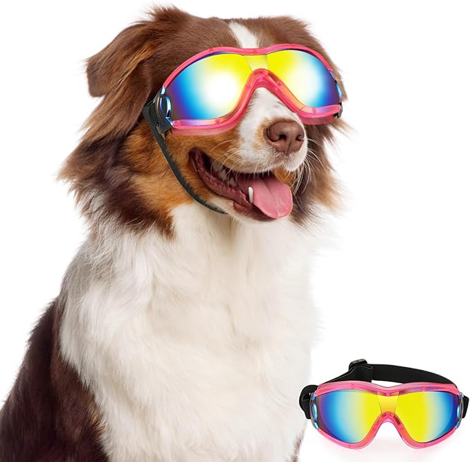 Lewondr Dog Goggles Medium to Large Breed, Dog Sunglasses with Adjustable Straps, UV/Wind/Dust/Fog/Snow Proof Dog Eye Protection Sunglasses for Outdoor Driving Riding, Pink