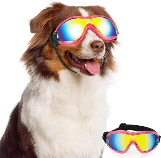 Lewondr Dog Goggles Medium to Large Breed, Dog Sunglasses with Adjustable Straps, UV/Wind/Dust/Fog/Snow Proof Dog Eye Protection Sunglasses for Outdoor Driving Riding, Pink