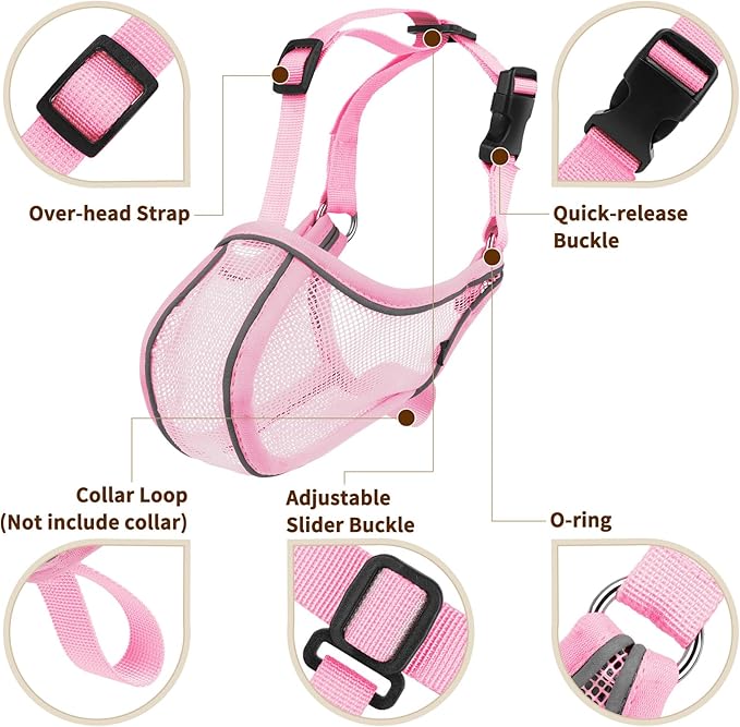 Mayerzon Dog Muzzle to Prevent Biting Scavenging Chewing, Soft Mesh Puppy Muzzles for Small Medium Sized Dogs, Breathable Reflective Adjustable Mouth Guard for Grooming Walking Training (S, Pink)