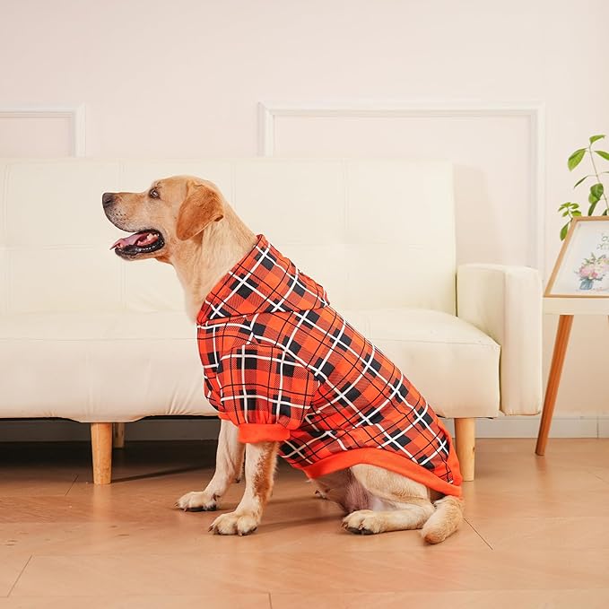 EXPAWLORER Plaid Dog Hoodie - British Style Warm Dog Sweater Shirt with Leash Hole,Pitbull Clothes Outfits,Winter Coat Apparel for All Breeds Puppy Girl Boy-Cat Apparel,Orange XX-Large