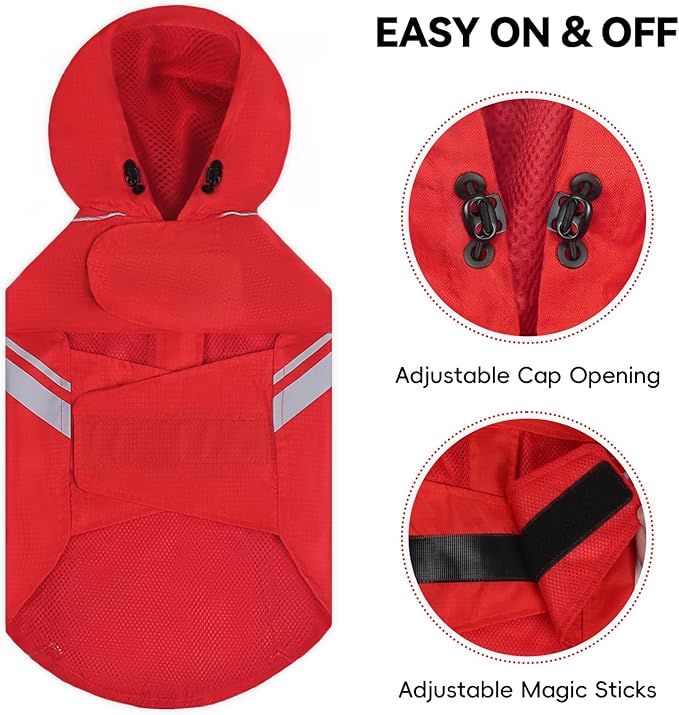 VIVAGLORY Wetoff Dog Raincoat, Rain Coat for Dog All Seasons Adventure, Rain Jacket with Harness Hole & Hood, Reflective Lightweight Waterproof for Doggy & Puppy, L, Red