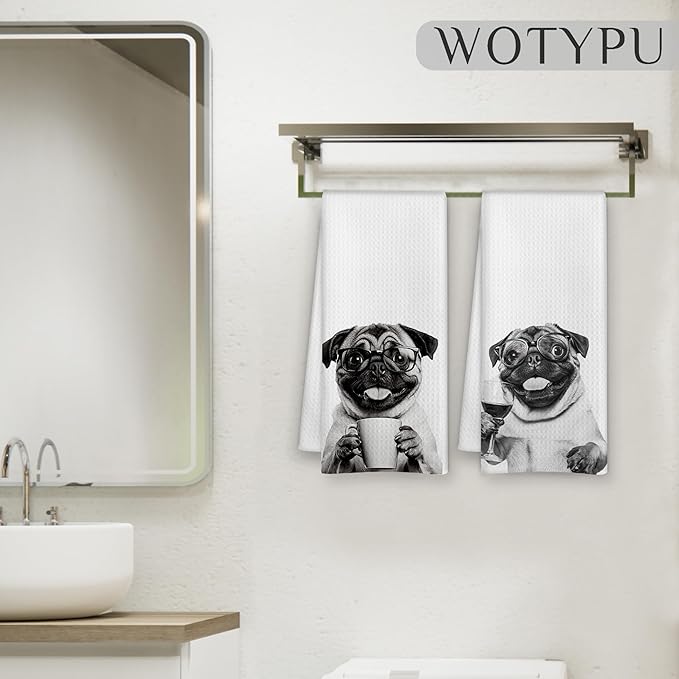 Funny Pug Kitchen Bar Towels, Gifts for Pug Lovers Dish Tea Towel, Wine Coffee Lover Gifts Decorative Hand Towels for Kitchen Bar Cart Decor, 16x24 Inch Set of 2
