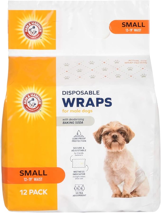 Arm & Hammer Small Male Dog Wraps, Disposable Belly Band Diapers with Baking Soda Odor Control, Super Absorbent Leak Resistant Design for Marking and Incontinence, 12-19 Inch Waist, 12 Count - 6 Pack