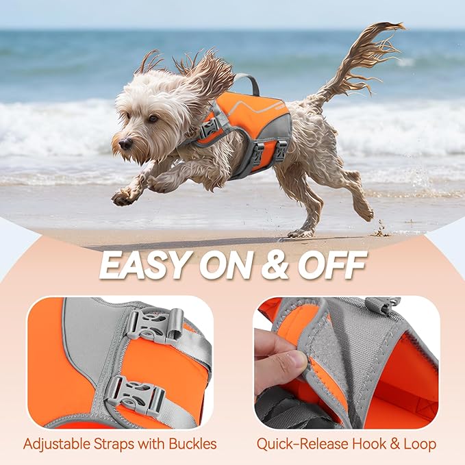 VIVAGLORY Neoprene Dog Life Vest, Dog Life Jacket for Swimming & Boating, Lightweight & Buoyancy for Puppy Doggy, Swimming Vest with Handle, XS, Orange