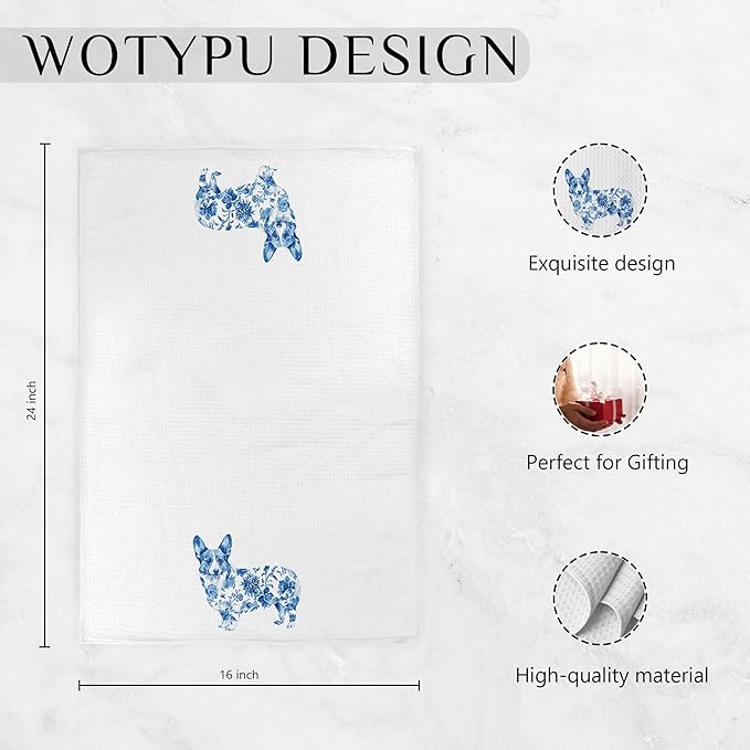 Blue and White Chinoiserie Corgi Kitchen Towels, Corgi Gifts for Women Mom Dish Tea Towels, Dog Lover Gifts Decorative Hand Towel for Bathroom, 16x24 Inch