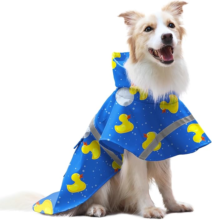 DELIFUR Large Dog Raincoat- Waterproof Dog Rain Poncho Adjustable Double Layer Rain Jacket with Hood for Medium Large Dogs Designed with Leash Hole Reflective Strip and Ducks (Blue Duck, X-Large)