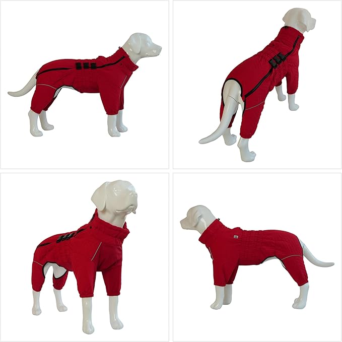 Warm Dog Coat Double Layers Dog Vest, 4 Legs Covered Windproof Waterproof Reflective Warm Dog Vest Outdoor Skating Dog Costume for Small Medium Large Dogs Red 4XL